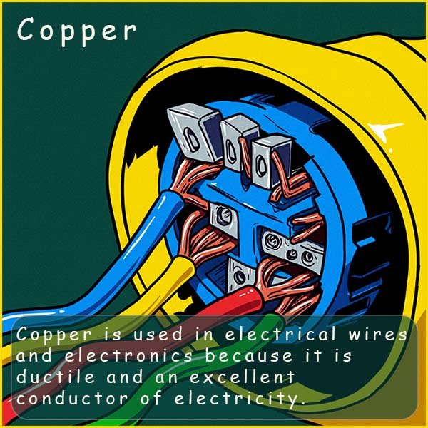 Copper is used in electrical wires and cables since it is an excellent electrical conductor.